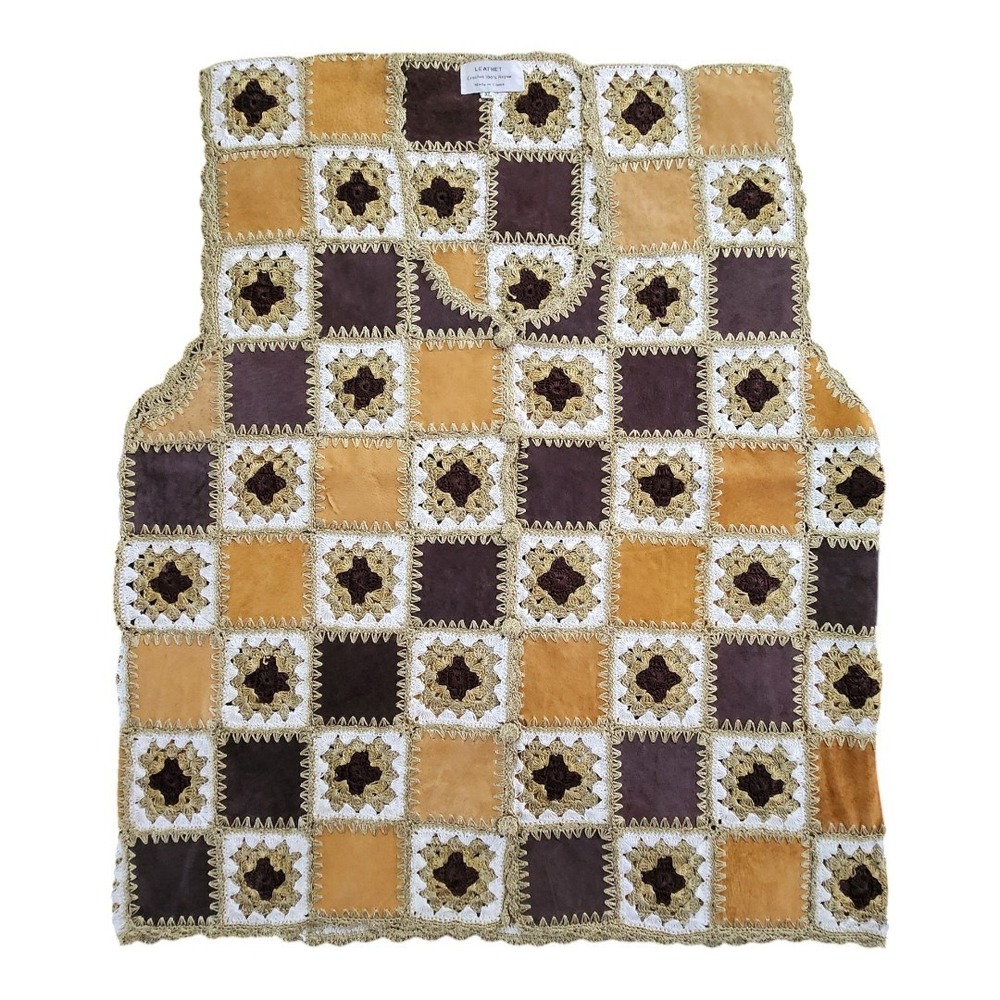 Leathet Suede Leather Crochet Vest Brown‎ Green Size XL Boho Hippie Flowerpower